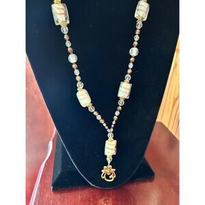 Vintage White Gold Glass Bead Necklace Floral Pendant Slip On No Clasp 16”